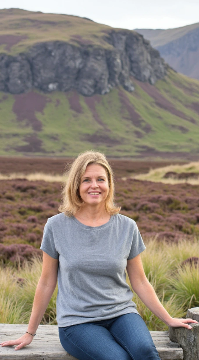 Caroline Gayton sitting on a bench in the hills